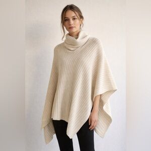 Autumn Cashmere Ribbed Cashmere Blend Poncho Sweater Ivory Turtleneck Cape OS